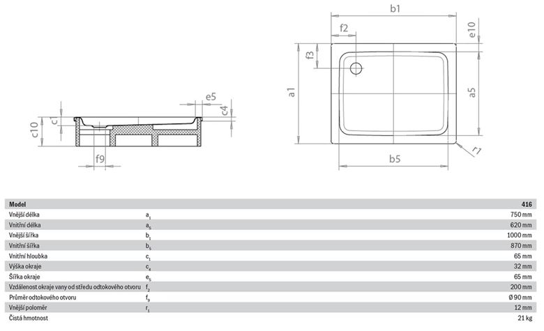 KALDEWEI DUSCHPLAN 416-1 sprchová vanička 75x100 cm, smaltovaná ocel, bez nosiče 431600010001 Technický nákres