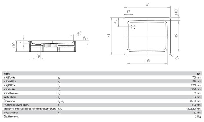 KALDEWEI DUSCHPLAN 415-1 sprchová vanička 70x120 cm, smaltovaná ocel, bez nosiče 431500010001 Technický nákres