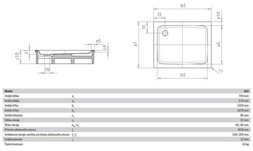 KALDEWEI DUSCHPLAN 415-1 sprchová vanička 70x120 cm, smaltovaná ocel, bez nosiče 431500010001 Technický nákres