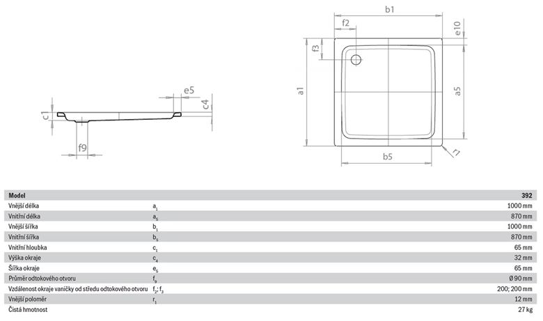 KALDEWEI DUSCHPLAN 392-1 sprchová vanička 100x100 cm, smaltovaná ocel, bez nosiče, Perl Effekt 440200013001 Technický nákres