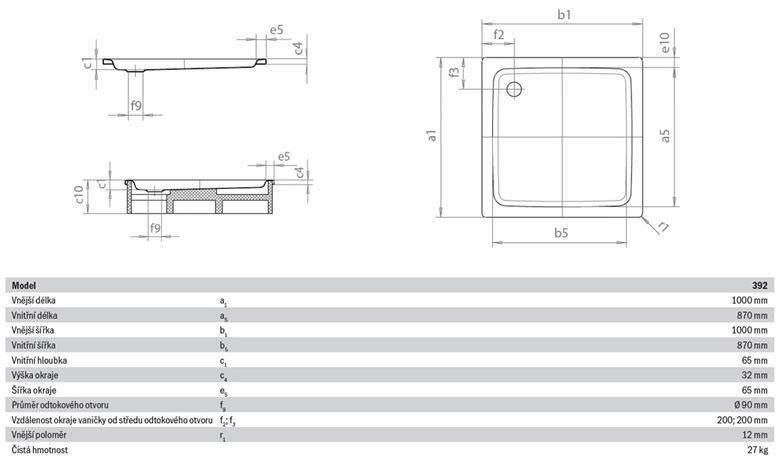 KALDEWEI DUSCHPLAN 392-2 sprchová vanička 100x100 cm, smaltovaná ocel, s nosičem 440248040001 Technický nákres