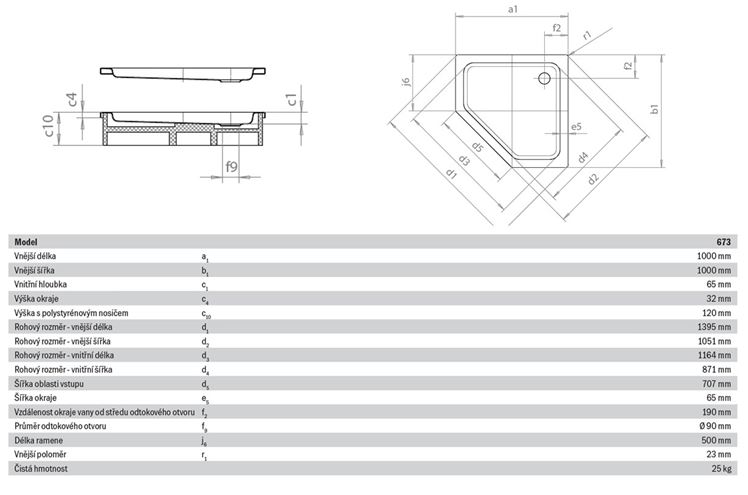 KALDEWEI CORNEZZA 673-2 sprchová vanička 100x100 cm, smaltovaná ocel, s nosičem 459348040001 Technický nákres