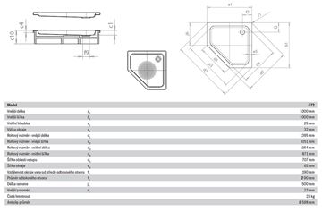 KALDEWEI CORNEZZA 672-1 sprchová vanička 100x100 cm, smaltovaná ocel, bez nosiče, Perl Effekt, Antislip 459230003001 Technický nákres
