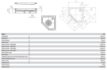 KALDEWEI CORNEZZA 671-1 sprchová vanička 90x90 cm, smaltovaná ocel, bez nosiče, Perl Effekt, Antislip 459130003001 Technický nákres