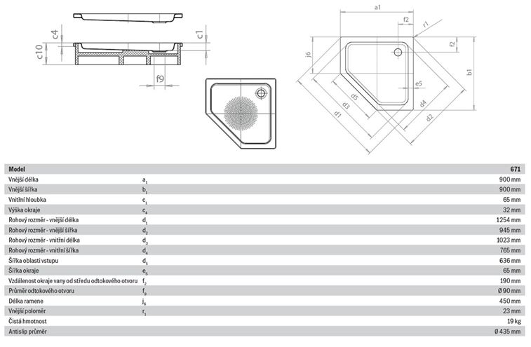 KALDEWEI CORNEZZA 671-1 sprchová vanička 90x90 cm, smaltovaná ocel, bez nosiče, Perl Effekt, Antislip 459130003001 Technický nákres