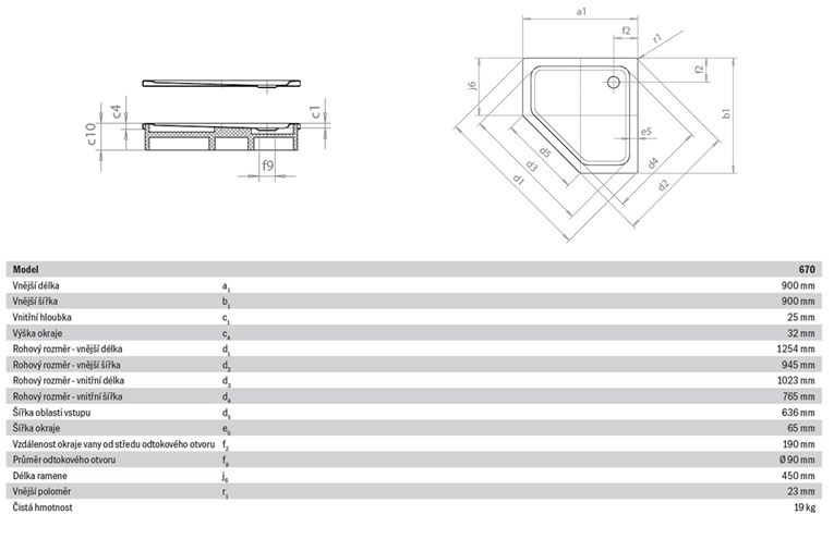 KALDEWEI CORNEZZA 670-1 sprchová vanička 90x90 cm, smaltovaná ocel, bez nosiče 459000010001 Technický nákres