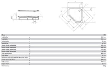 KALDEWEI CORNEZZA 670-1 sprchová vanička 90x90 cm, smaltovaná ocel, bez nosiče 459000010001 Technický nákres
