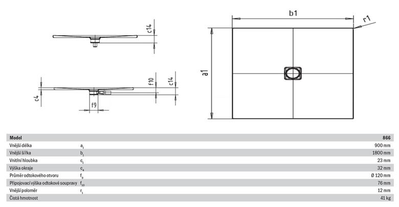 KALDEWEI CONOFLAT 866-1 sprchová vanička 90x180 cm, smaltovaná ocel, bez nosiče, Perl Effekt 468300013001 Technický nákres