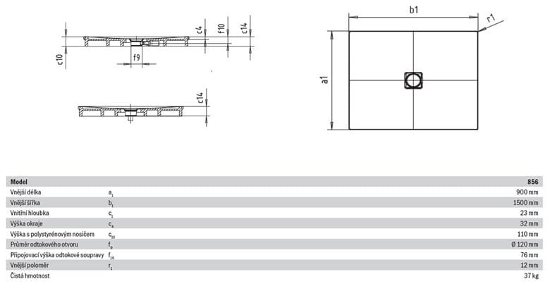 KALDEWEI CONOFLAT 856-2 sprchová vanička 90x150 cm, smaltovaná ocel, s nosičem 467248040001 Technický nákres