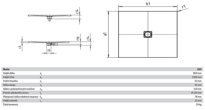 KALDEWEI CONOFLAT 855-1 sprchová vanička 80x150 cm, smaltovaná ocel, bez nosiče, Perl Effekt 467100013001 Technický nákres
