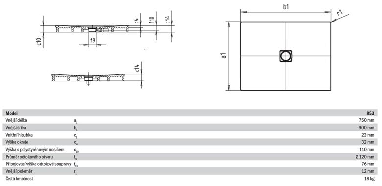 KALDEWEI CONOFLAT 853-2 sprchová vanička 75x90 cm, smaltovaná ocel, s nosičem 466948040001 Technický nákres