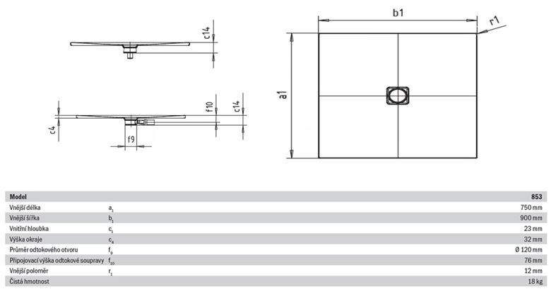 KALDEWEI CONOFLAT 853-1 sprchová vanička 75x90 cm, smaltovaná ocel, bez nosiče 466900010001 Technický nákres