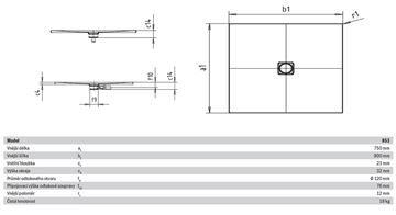 KALDEWEI CONOFLAT 853-1 sprchová vanička 75x90 cm, smaltovaná ocel, bez nosiče 466900010001 Technický nákres