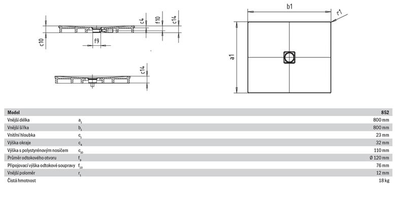 KALDEWEI CONOFLAT 852-2 sprchová vanička 80x80 cm, smaltovaná ocel, s nosičem 466848040001 Technický nákres