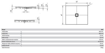 KALDEWEI CONOFLAT 852-2 sprchová vanička 80x80 cm, smaltovaná ocel, s nosičem 466848040001 Technický nákres