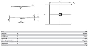 KALDEWEI CONOFLAT 852-1 sprchová vanička 80x80 cm, smaltovaná ocel, bez nosiče 466800010001 Technický nákres