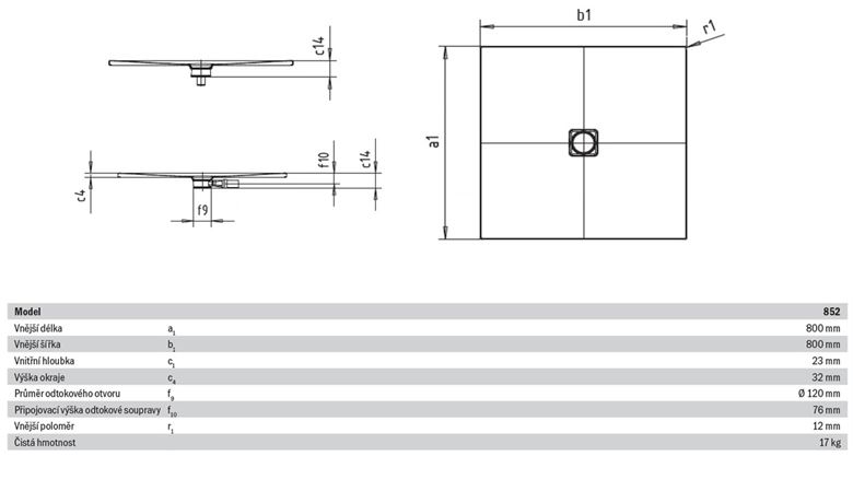 KALDEWEI CONOFLAT 852-1 sprchová vanička 80x80 cm, smaltovaná ocel, bez nosiče 466800010001 Technický nákres