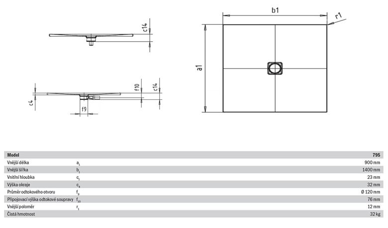 KALDEWEI CONOFLAT 795-1 sprchová vanička 90x140 cm, smaltovaná ocel, bez nosiče, Perl Effekt 466500013001 Technický nákres