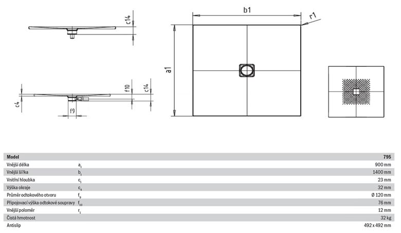 KALDEWEI CONOFLAT 795-1 sprchová vanička 90x140 cm, smaltovaná ocel, bez nosiče, Antislip 466530000001 Technický nákres