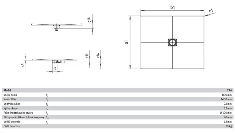 KALDEWEI CONOFLAT 794-1 sprchová vanička 80x140 cm, smaltovaná ocel, bez nosiče, Perl Effekt 466400013001 Technický nákres