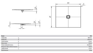 KALDEWEI CONOFLAT 794-1 sprchová vanička 80x140 cm, smaltovaná ocel, bez nosiče, Perl Effekt 466400013001 Technický nákres