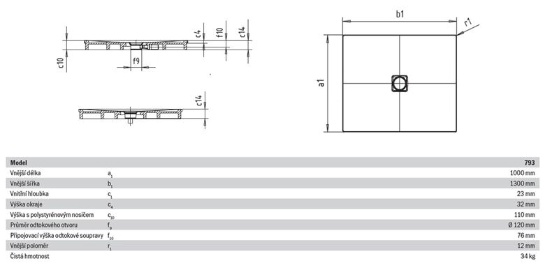 KALDEWEI CONOFLAT 793-2 sprchová vanička 100x130 cm, smaltovaná ocel, s nosičem 466348040001 Technický nákres