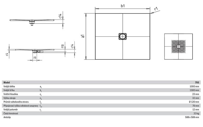 KALDEWEI CONOFLAT 793-1 sprchová vanička 100x130 cm, smaltovaná ocel, bez nosiče, Perl Effekt, Antislip 466330003001 Technický nákres