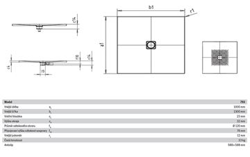 KALDEWEI CONOFLAT 793-1 sprchová vanička 100x130 cm, smaltovaná ocel, bez nosiče, Perl Effekt, Antislip 466330003001 Technický nákres