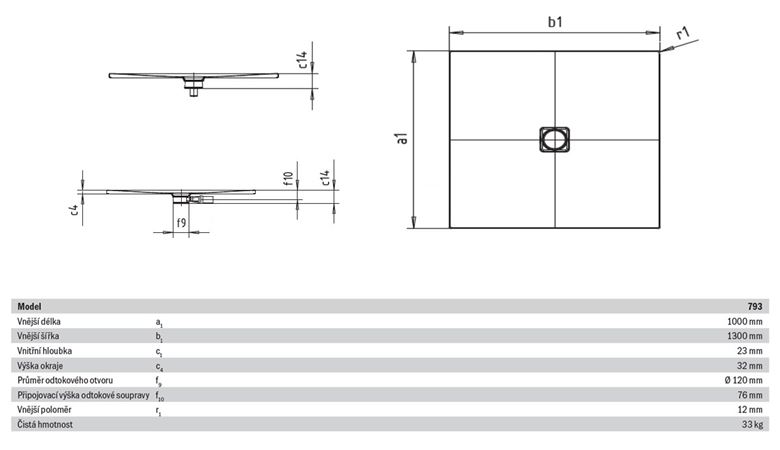 KALDEWEI CONOFLAT 793-1 sprchová vanička 100x130 cm, smaltovaná ocel, bez nosiče 466300010001 Technický nákres