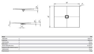 KALDEWEI CONOFLAT 793-1 sprchová vanička 100x130 cm, smaltovaná ocel, bez nosiče 466300010001 Technický nákres
