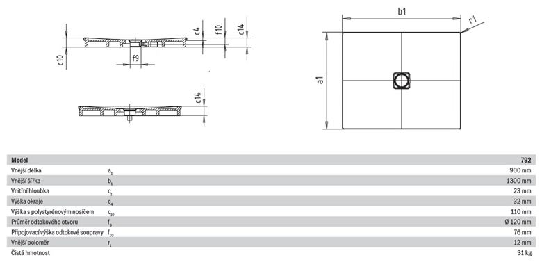 KALDEWEI CONOFLAT 792-2 sprchová vanička 90x130 cm, smaltovaná ocel, s nosičem 466248040001 Technický nákres