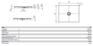 KALDEWEI CONOFLAT 792-2 sprchová vanička 90x130 cm, smaltovaná ocel, s nosičem 466248040001 Technický nákres