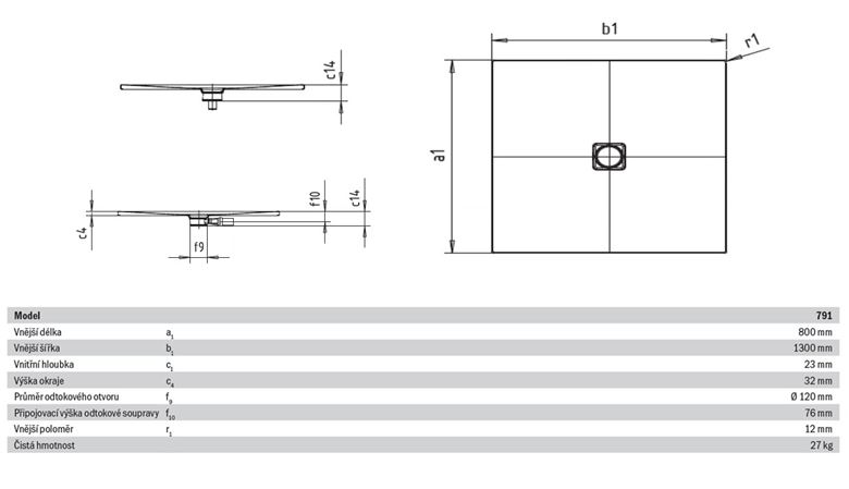 KALDEWEI CONOFLAT 791-1 sprchová vanička 80x130 cm, smaltovaná ocel, bez nosiče, Perl Effekt 466100013001 Technický nákres
