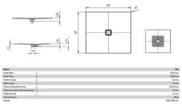 KALDEWEI CONOFLAT 790-1 sprchová vanička 120x120 cm, smaltovaná ocel, bez nosiče, celoplošný Antislip 466030020001 Technický nákres