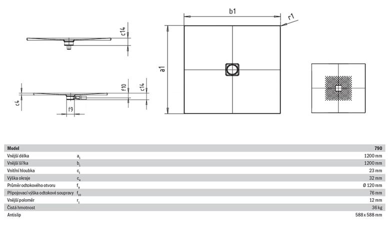 KALDEWEI CONOFLAT 790-1 sprchová vanička 120x120 cm, smaltovaná ocel, bez nosiče, celoplošný Antislip 466030020001 Technický nákres