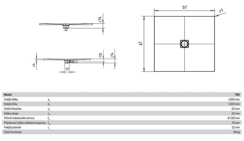 KALDEWEI CONOFLAT 790-1 sprchová vanička 120x120 cm, smaltovaná ocel, bez nosiče 466000010001 Technický nákres