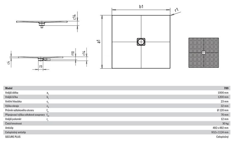 KALDEWEI CONOFLAT 789-1 sprchová vanička 100x120 cm, smaltovaná ocel, bez nosiče, Perl Effekt, celoplošný Antislip 465930023001 Technický nákres