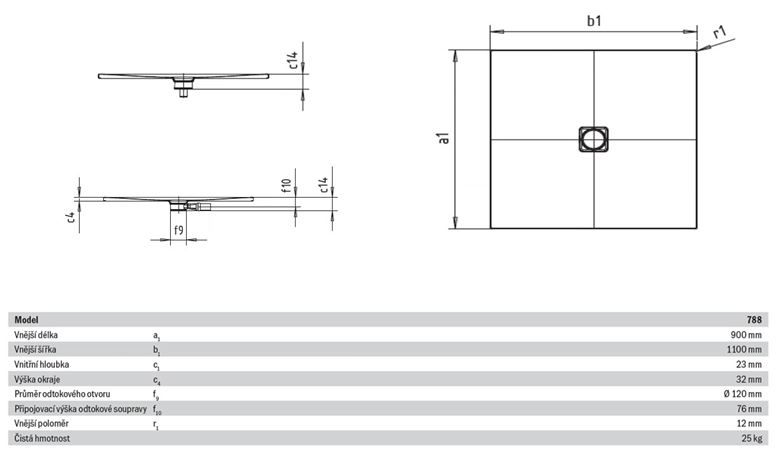 KALDEWEI CONOFLAT 788-1 sprchová vanička 90x110 cm, smaltovaná ocel, bez nosiče 465800010001 Technický nákres