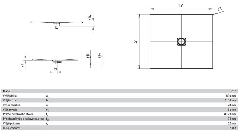 KALDEWEI CONOFLAT 787-1 sprchová vanička 80x110 cm, smaltovaná ocel, bez nosiče, Perl Effekt 465700013001 Technický nákres