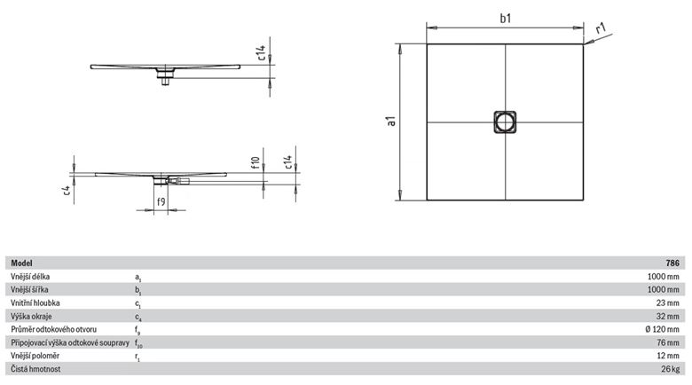 KALDEWEI CONOFLAT 786-1 sprchová vanička 100x100 cm, smaltovaná ocel, bez nosiče, Perl Effekt 465600013001 Technický nákres
