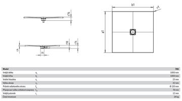 KALDEWEI CONOFLAT 786-1 sprchová vanička 100x100 cm, smaltovaná ocel, bez nosiče, Perl Effekt 465600013001 Technický nákres