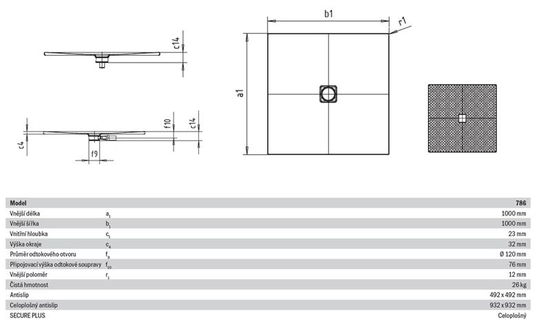 KALDEWEI CONOFLAT 786-1 sprchová vanička 100x100 cm, smaltovaná ocel, bez nosiče, celoplošný Antislip 465630020001 Technický nákres