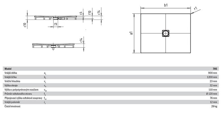 KALDEWEI CONOFLAT 785-2 sprchová vanička 90x120 cm, smaltovaná ocel, s nosičem, Perl Effekt 465548043001 Technický nákres