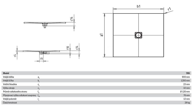 KALDEWEI CONOFLAT 785-1 sprchová vanička 90x120 cm, smaltovaná ocel, bez nosiče, Perl Effekt 465500013001 Technický nákres