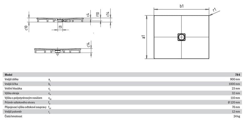 KALDEWEI CONOFLAT 784-2 sprchová vanička 90x100 cm, smaltovaná ocel, s nosičem 465448040001 Technický nákres