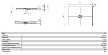KALDEWEI CONOFLAT 784-2 sprchová vanička 90x100 cm, smaltovaná ocel, s nosičem 465448040001 Technický nákres