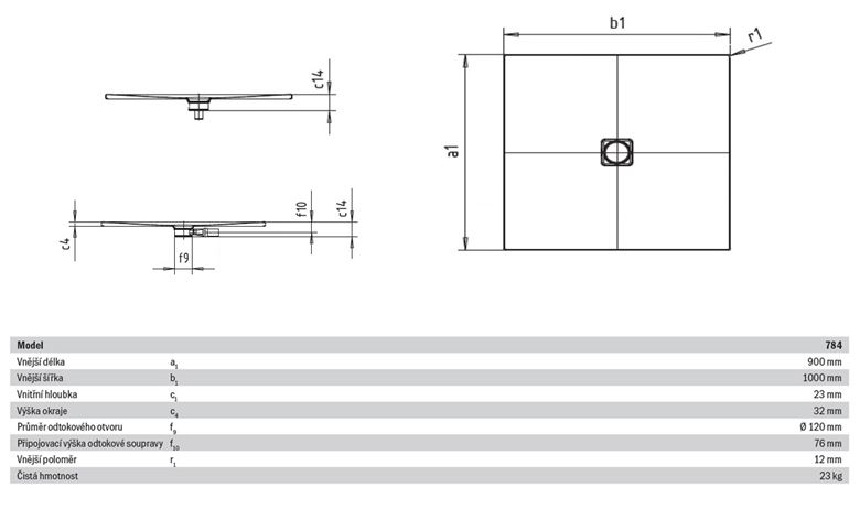 KALDEWEI CONOFLAT 784-1 sprchová vanička 90x100 cm, smaltovaná ocel, bez nosiče, Perl Effekt 465400013001 Technický nákres