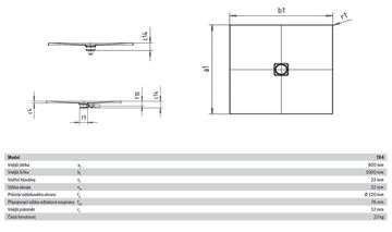 KALDEWEI CONOFLAT 784-1 sprchová vanička 90x100 cm, smaltovaná ocel, bez nosiče, Perl Effekt 465400013001 Technický nákres