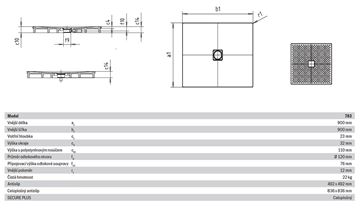 KALDEWEI CONOFLAT 783-2 sprchová vanička 90x90 cm, smaltovaná ocel, s nosičem, Perl Effekt, celoplošný Antislip 465335043001 Technický nákres