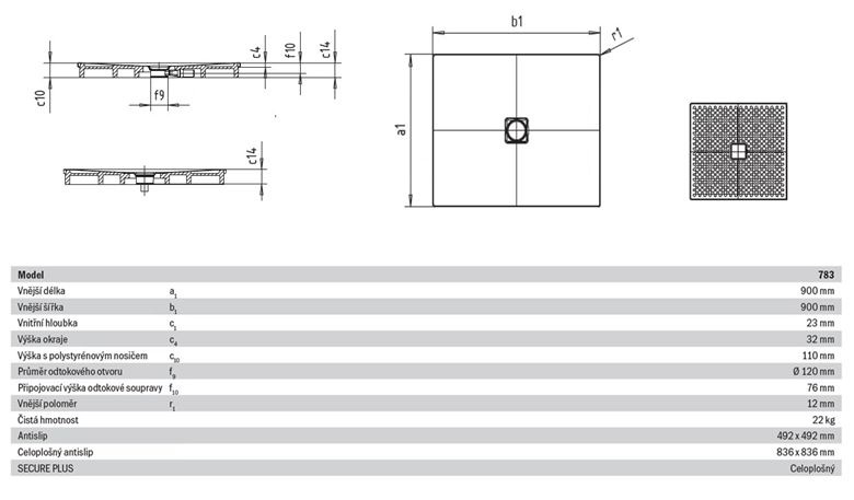 KALDEWEI CONOFLAT 783-2 sprchová vanička 90x90 cm, smaltovaná ocel, s nosičem, Perl Effekt, celoplošný Antislip 465335043001 Technický nákres